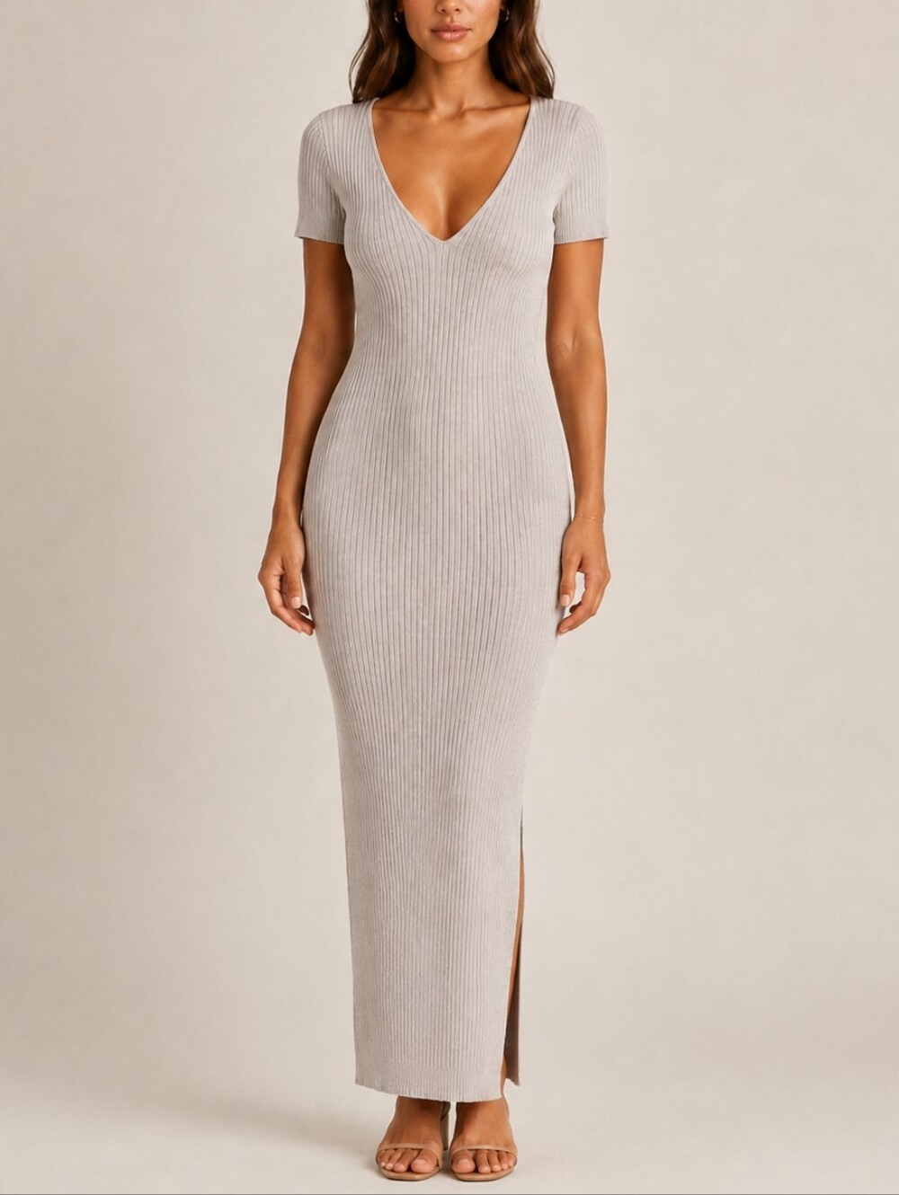 MESHKI Tan Beige Knit Ribbed V-Neck Short Sleeve Long Sweater Dress Small Trend